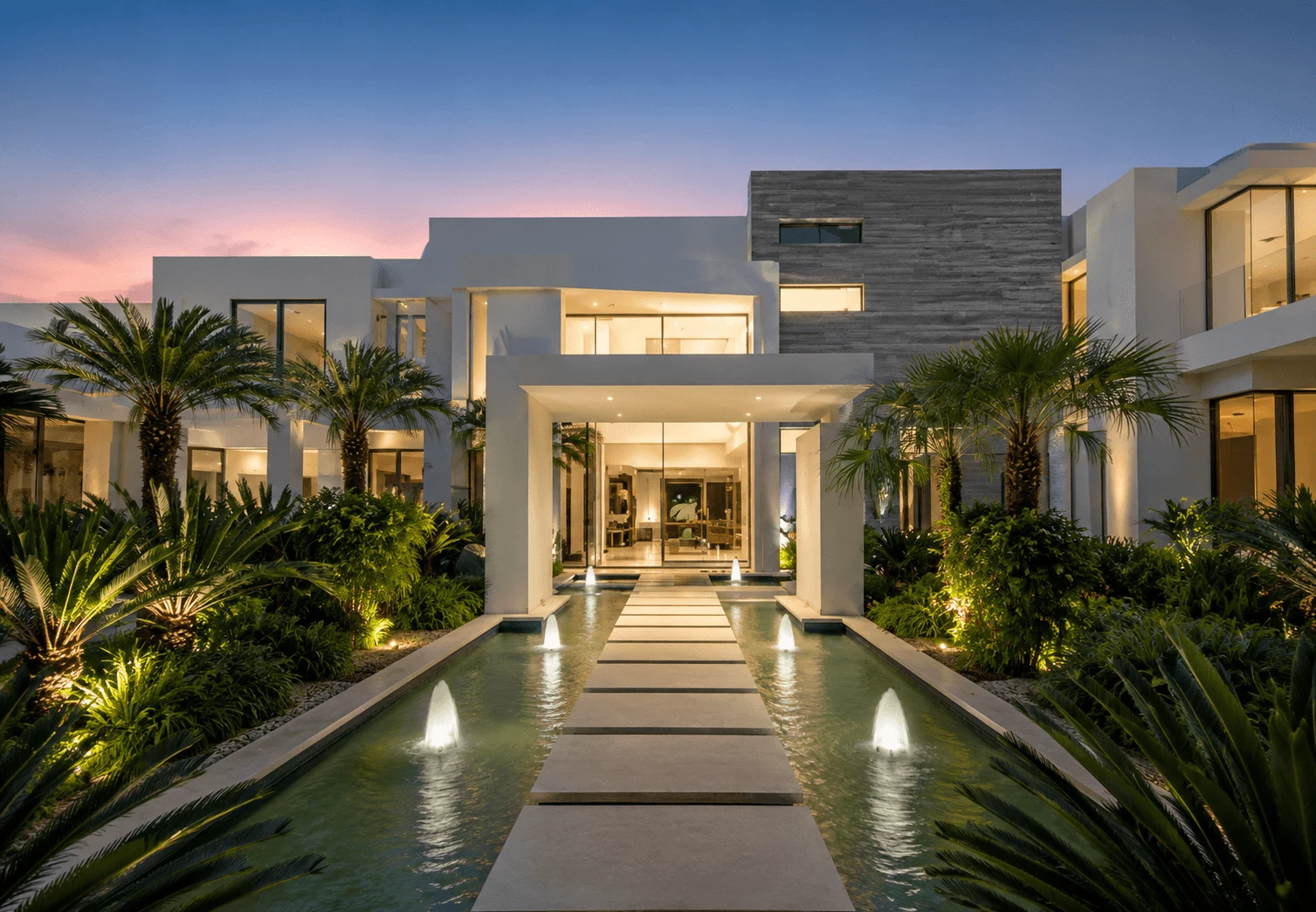 Contemporary architecture with warm interior lighting